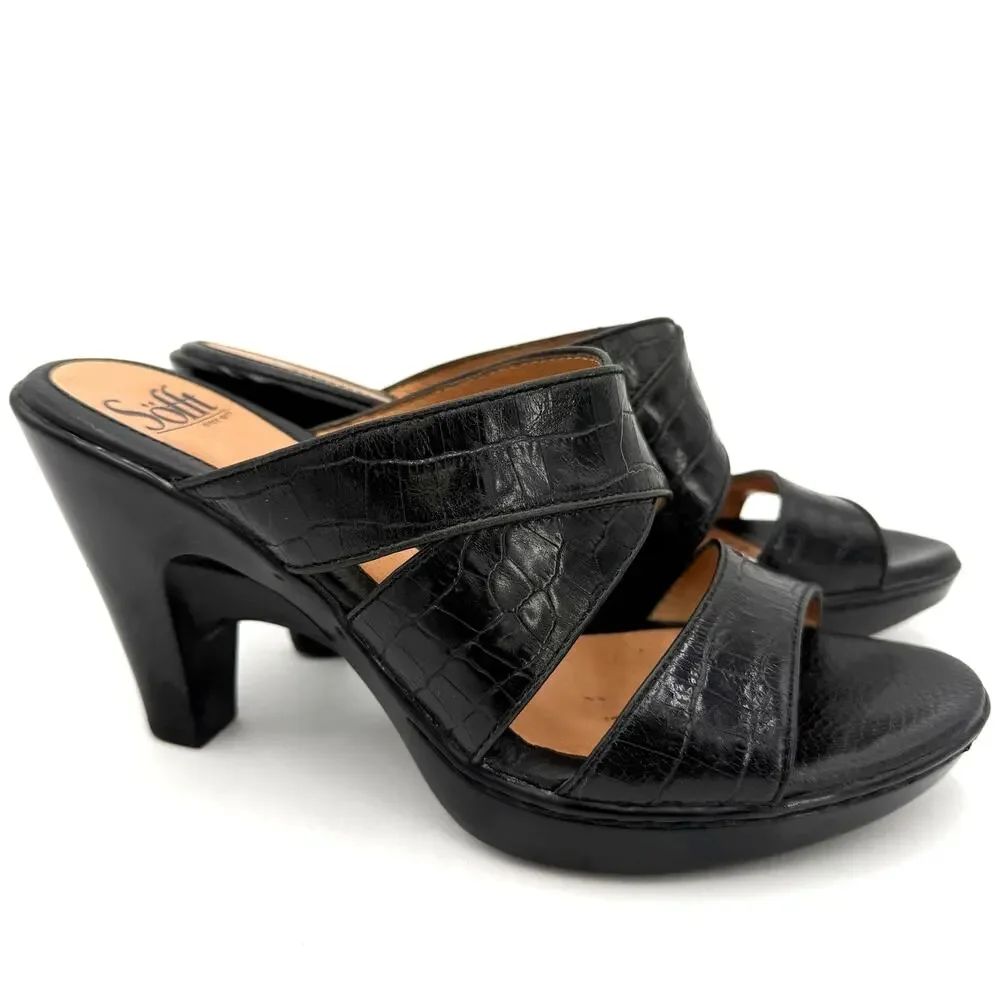 Classic Black Croc-Embossed Slip-On Heeled Sandals